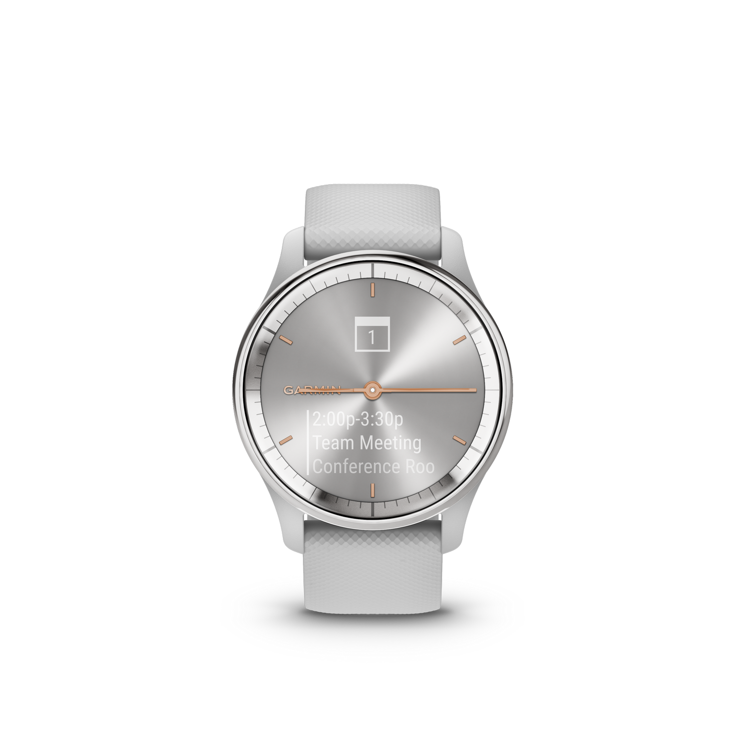 Een witte Garmin smartwatch met een ronde wijzerplaat die een teamvergadering weergeeft.