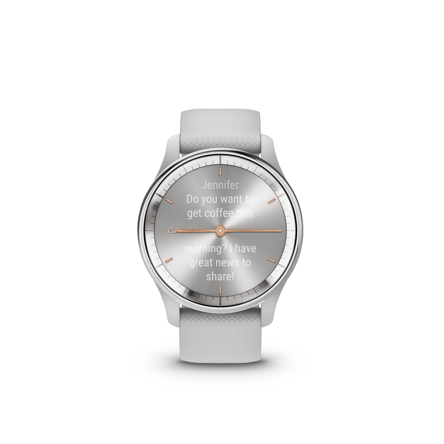 Een smartwatch die een bericht weergeeft, met de tekst 'Wil je vanmorgen koffie drinken?'