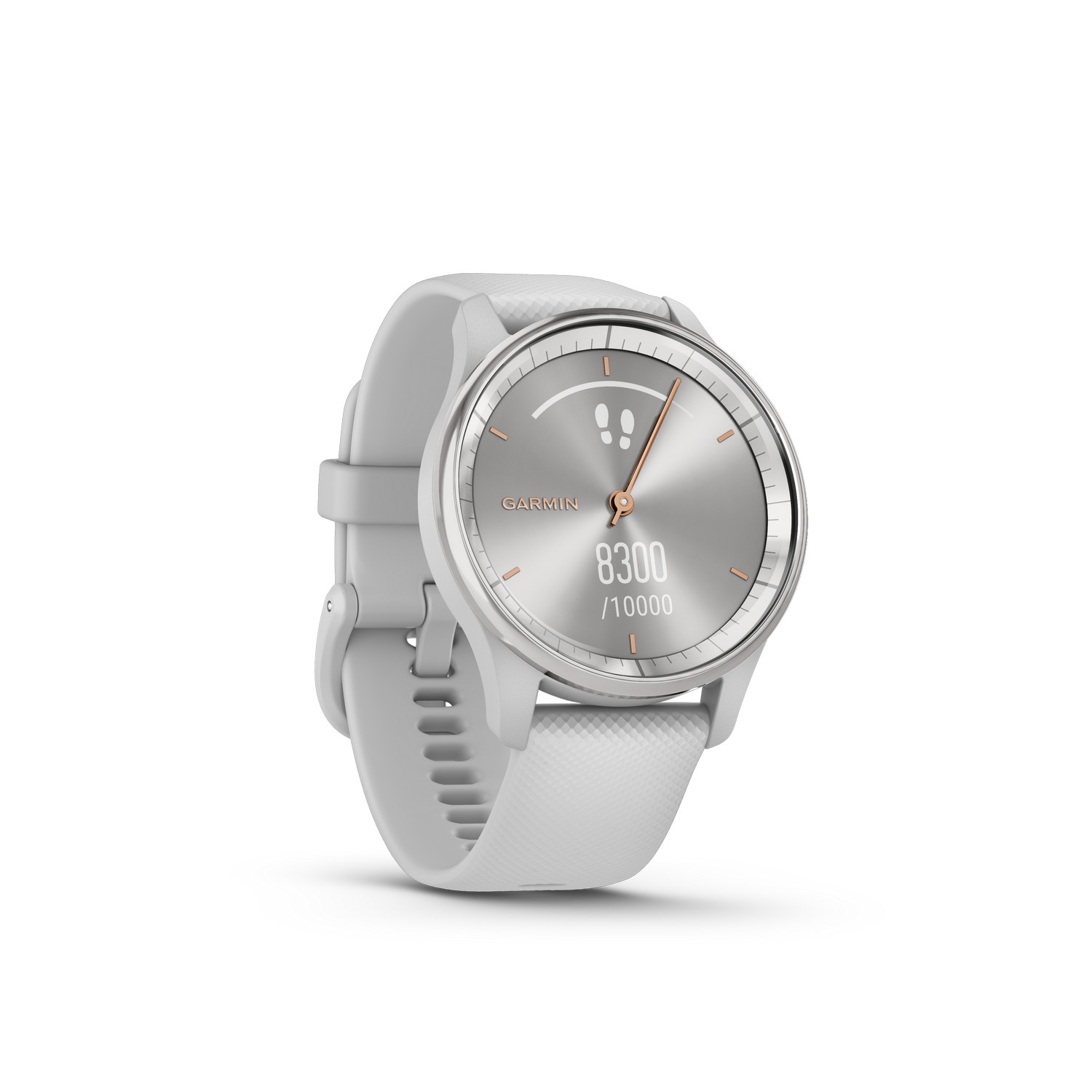 Een close-up van een Garmin horloge. Het is wit met een zilveren wijzerplaat en een zwarte achtergrond.
