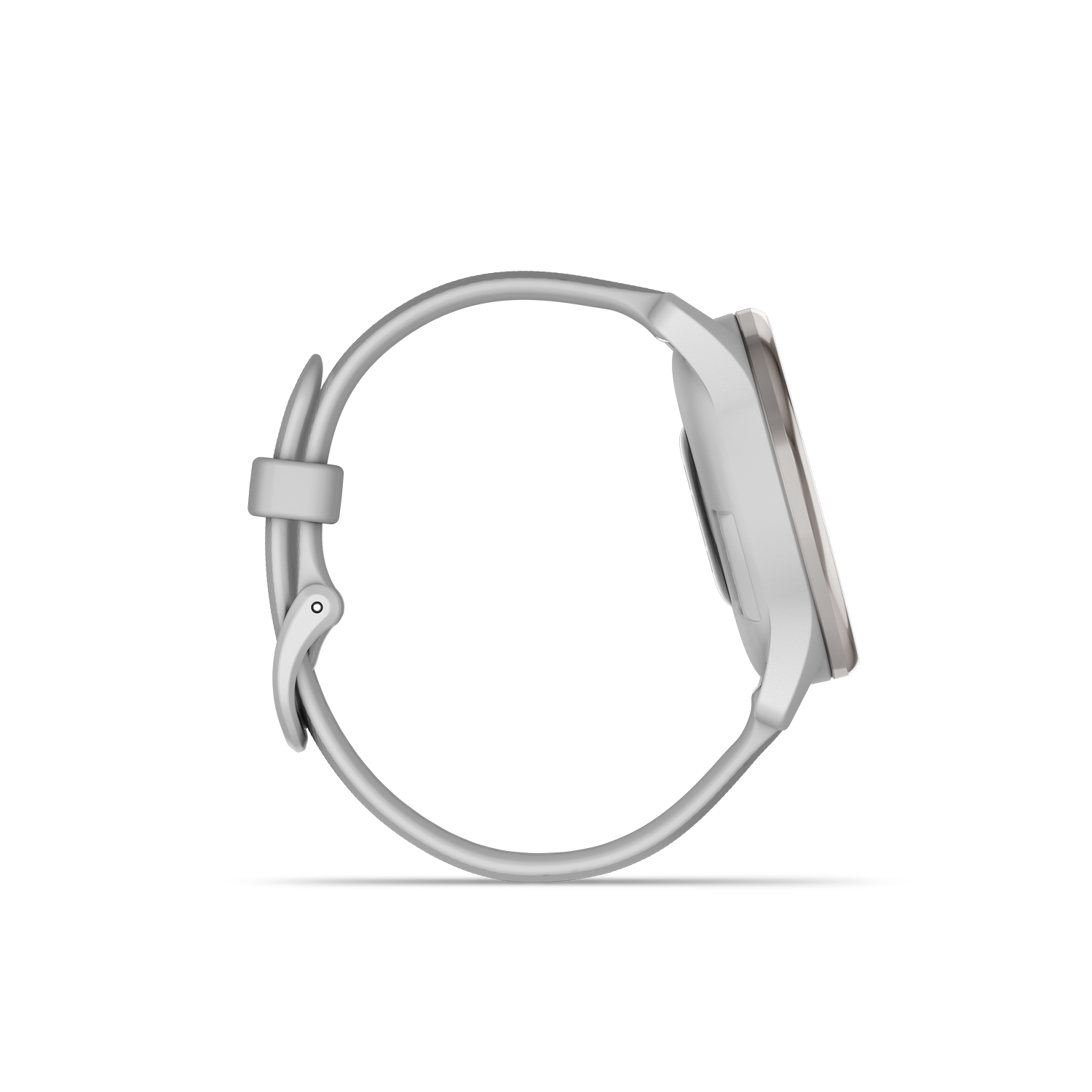 Zijaanzicht van een lichtgrijze smartwatch met grijze band, tegen een zwarte achtergrond.