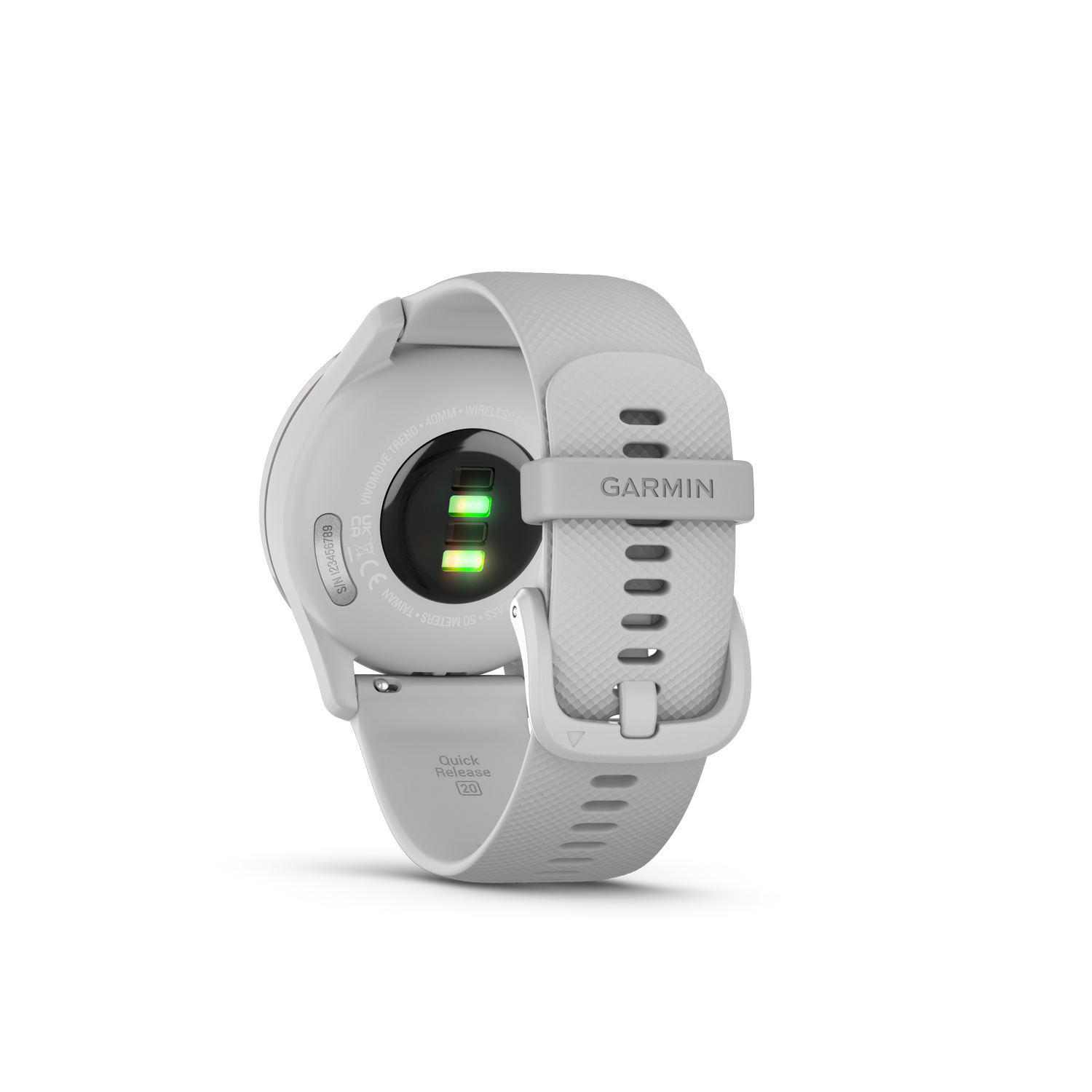 Witte Garmin-horloge. De achterkant toont een sensor en het Garmin-logo. De band is wit.