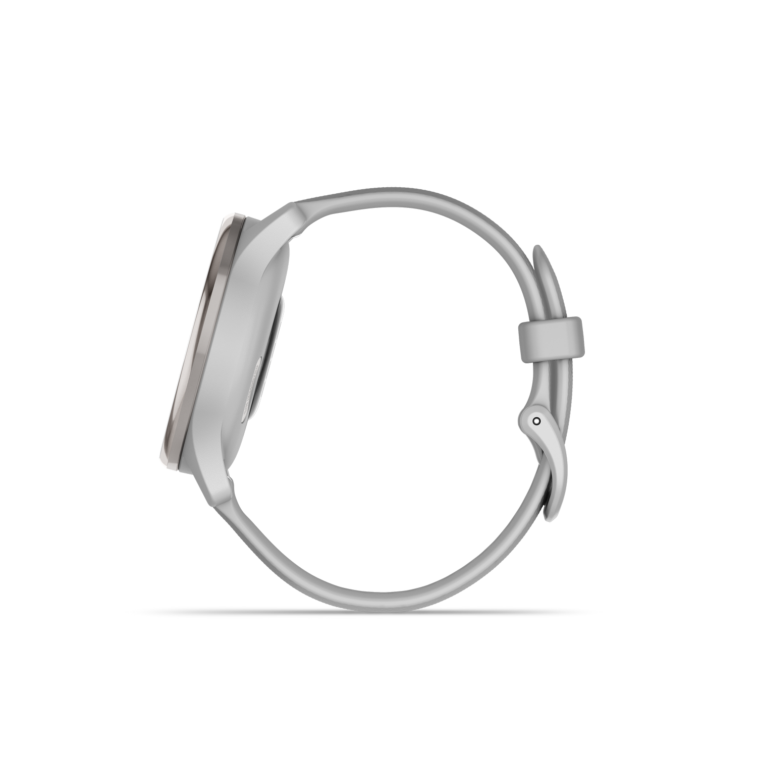 Zijaanzicht van een zilveren smartwatch met een grijze band. Zwarte achtergrond.