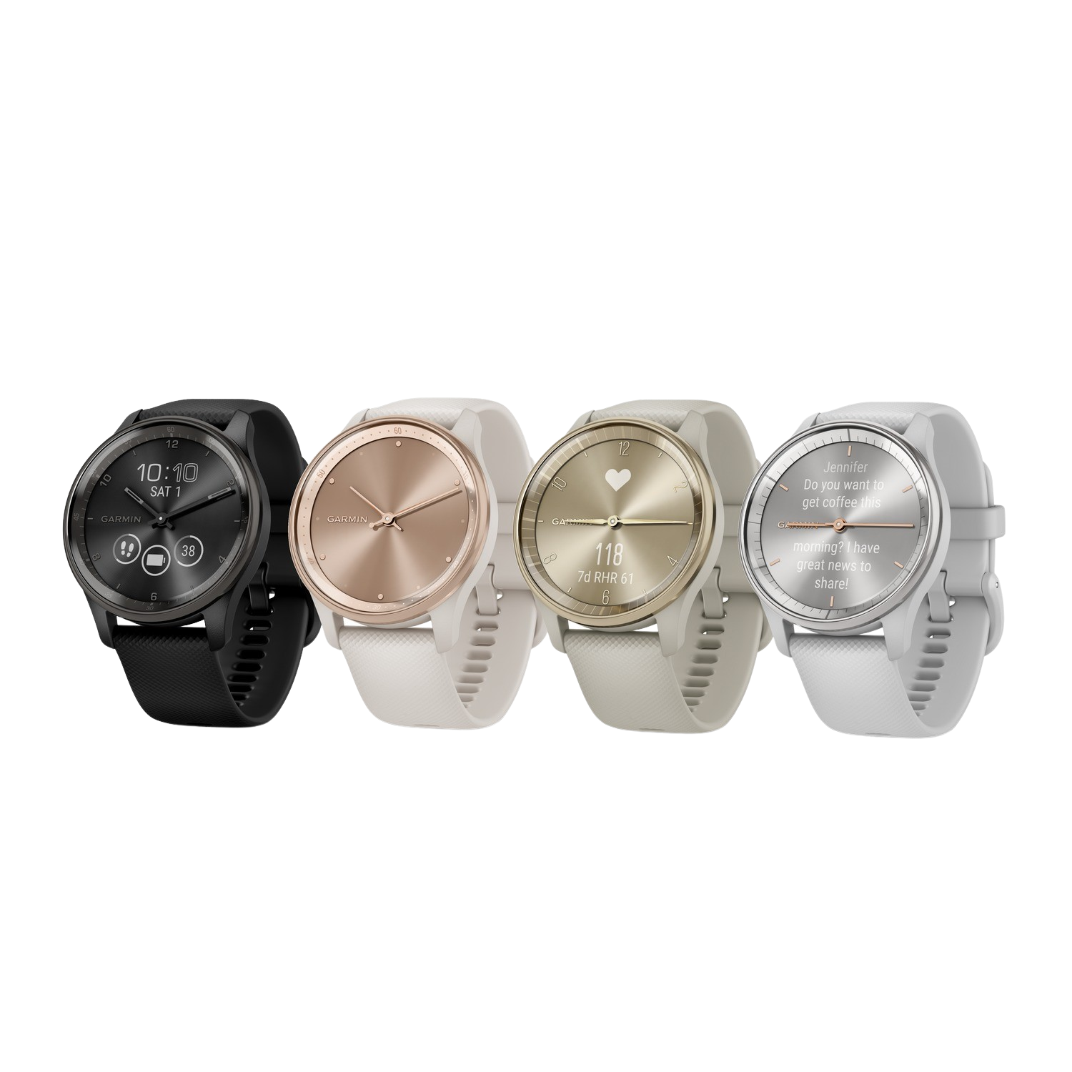Vier Garmin smartwatches met verschillende bandjes, die tijd- en hartslag informatie weergeven.