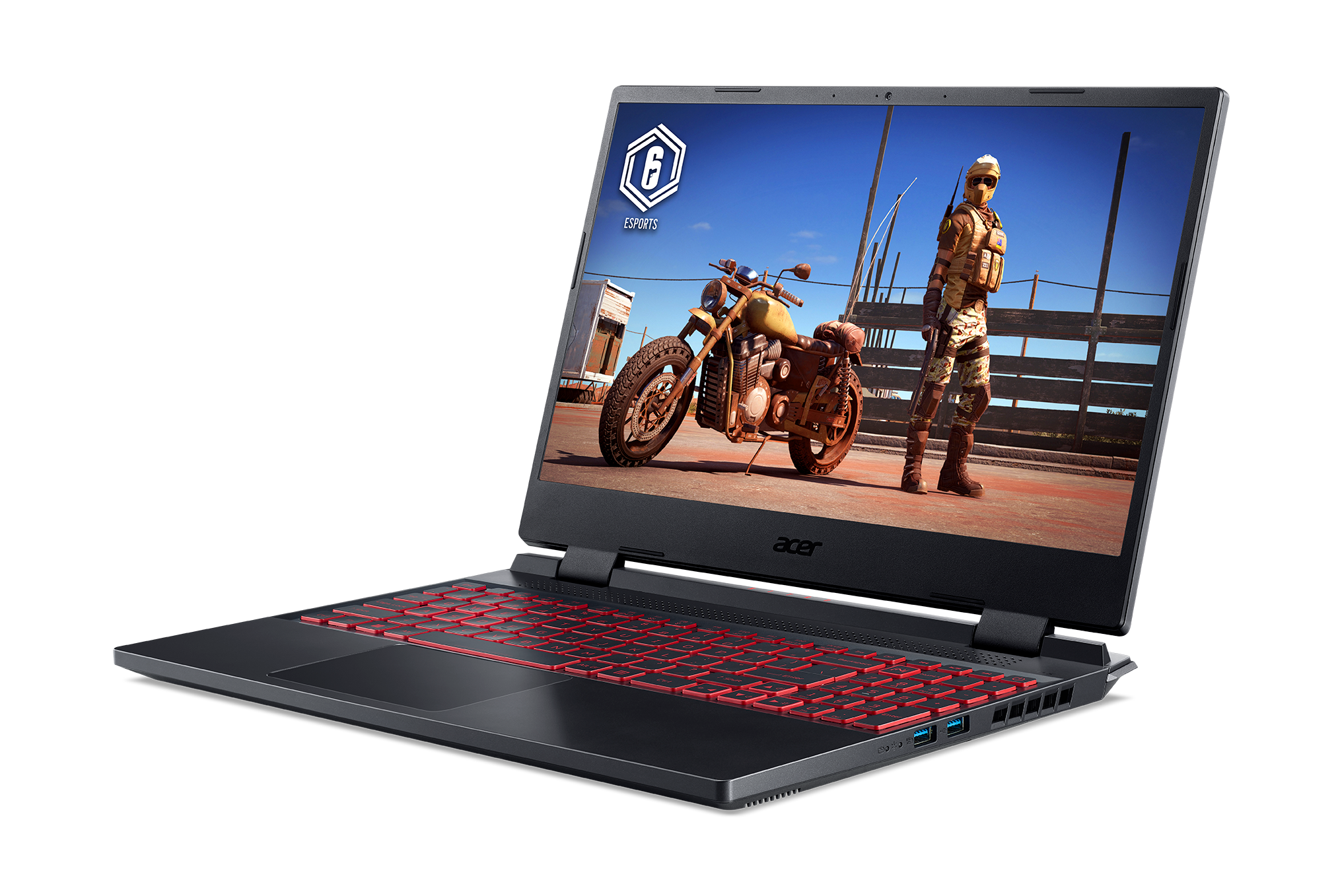 Un portátil muestra una escena de juego con un soldado y una motocicleta. Teclado rojo y exterior negro.