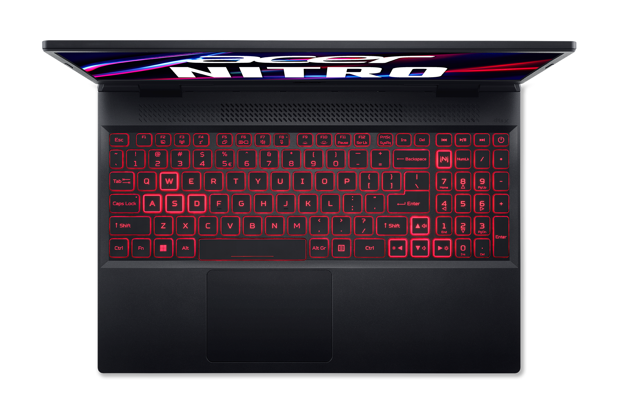 Teclado de portátil con teclas retroiluminadas rojas, vista desde arriba, marco negro.