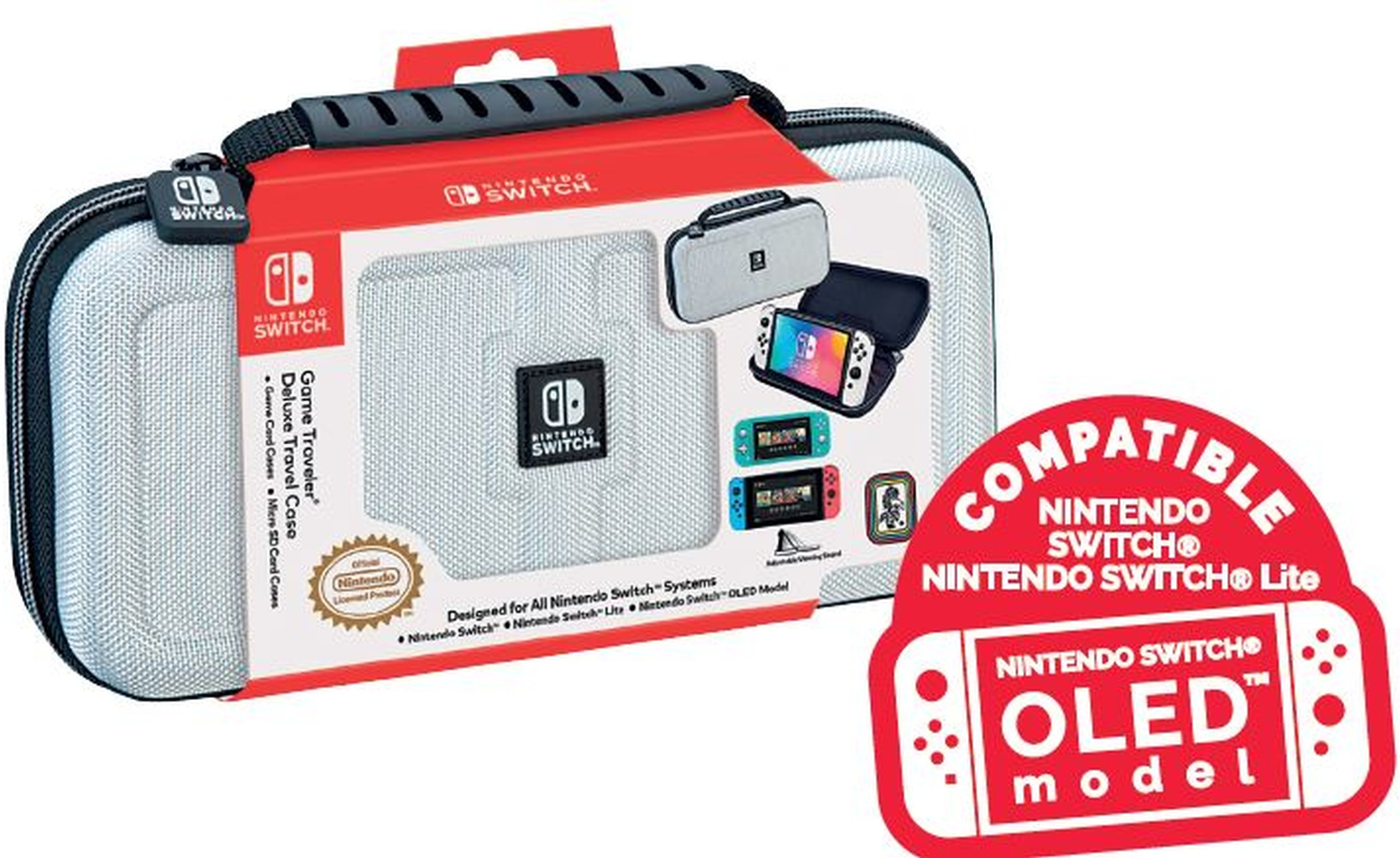Una custodia da viaggio Deluxe per Nintendo Switch con un'etichetta rossa con la scritta 'modello OLED'.