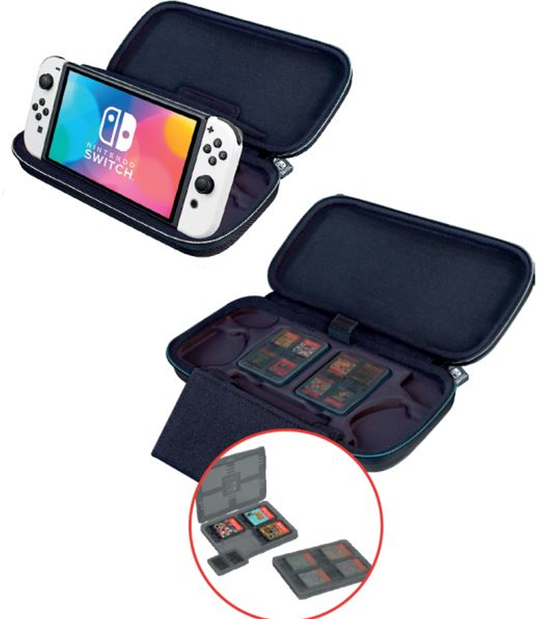 Due custodie aperte, una con una Nintendo Switch e un'altra con cartucce di gioco.