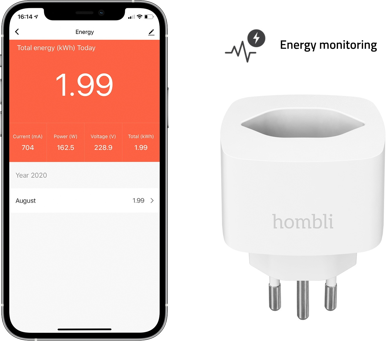 Écran de smartphone affichant les données de consommation d'énergie. Une prise blanche à droite, avec un éclair et du texte.