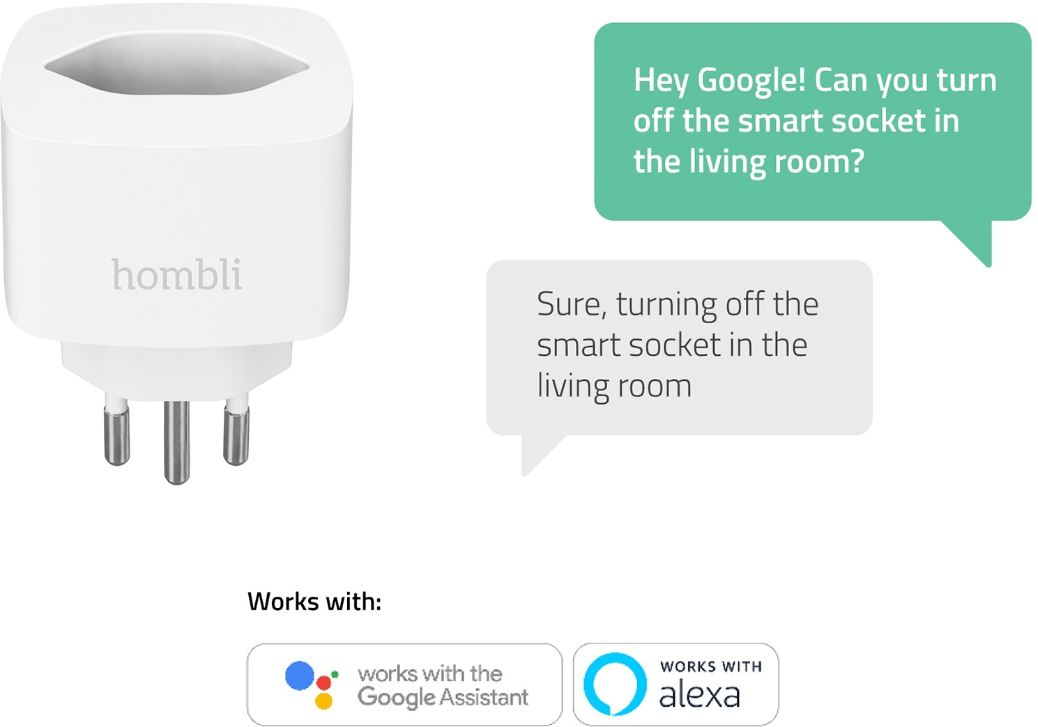 Prise intelligente blanche, bulles de texte avec interactions Google Assistant et Alexa, fond blanc.