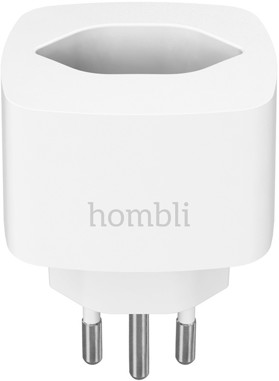 Un adaptateur blanc avec trois broches, de marque 'hombli'. L'adaptateur est pour les prises européennes.
