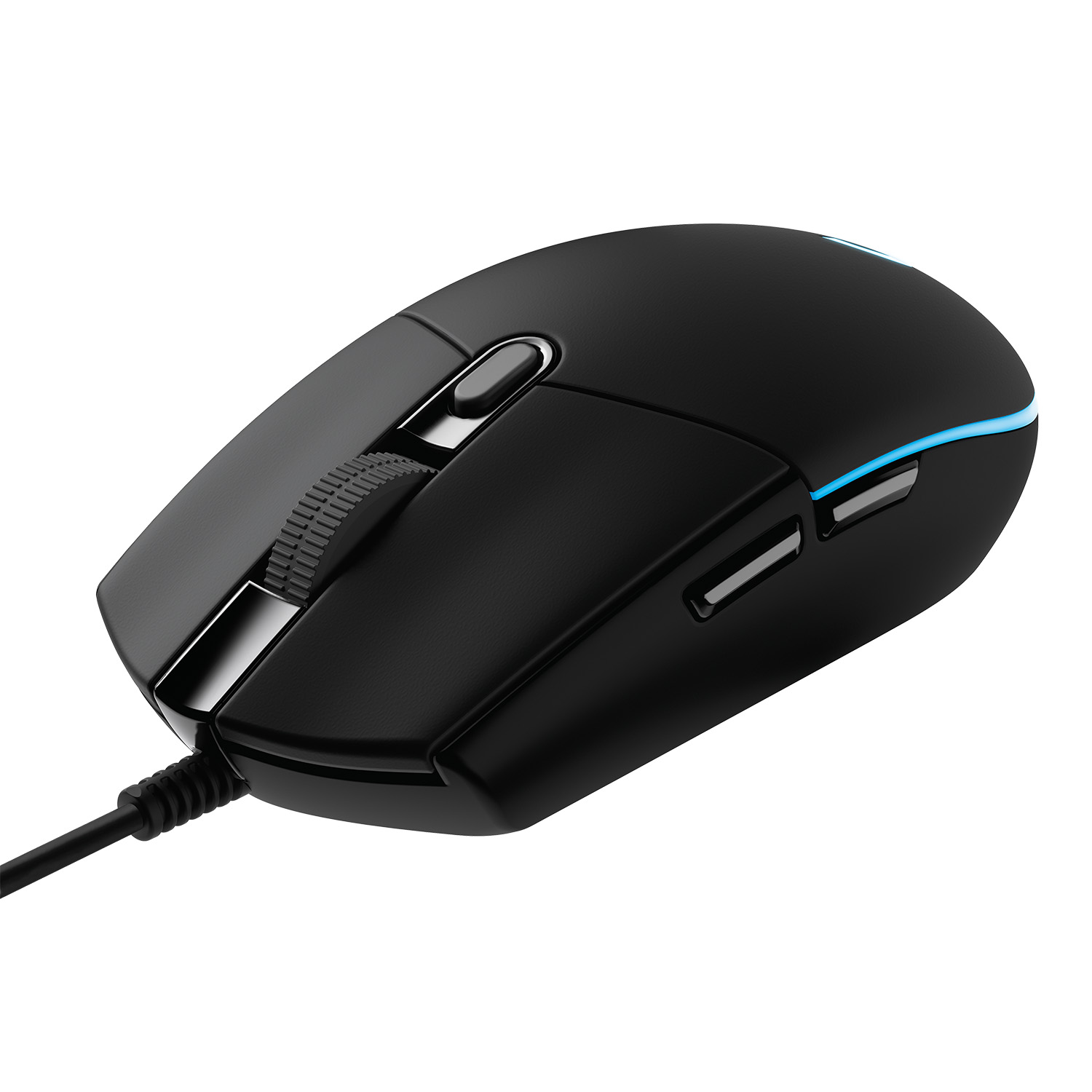 Ratón de ordenador negro con rueda de desplazamiento y botones laterales. Luz azul.