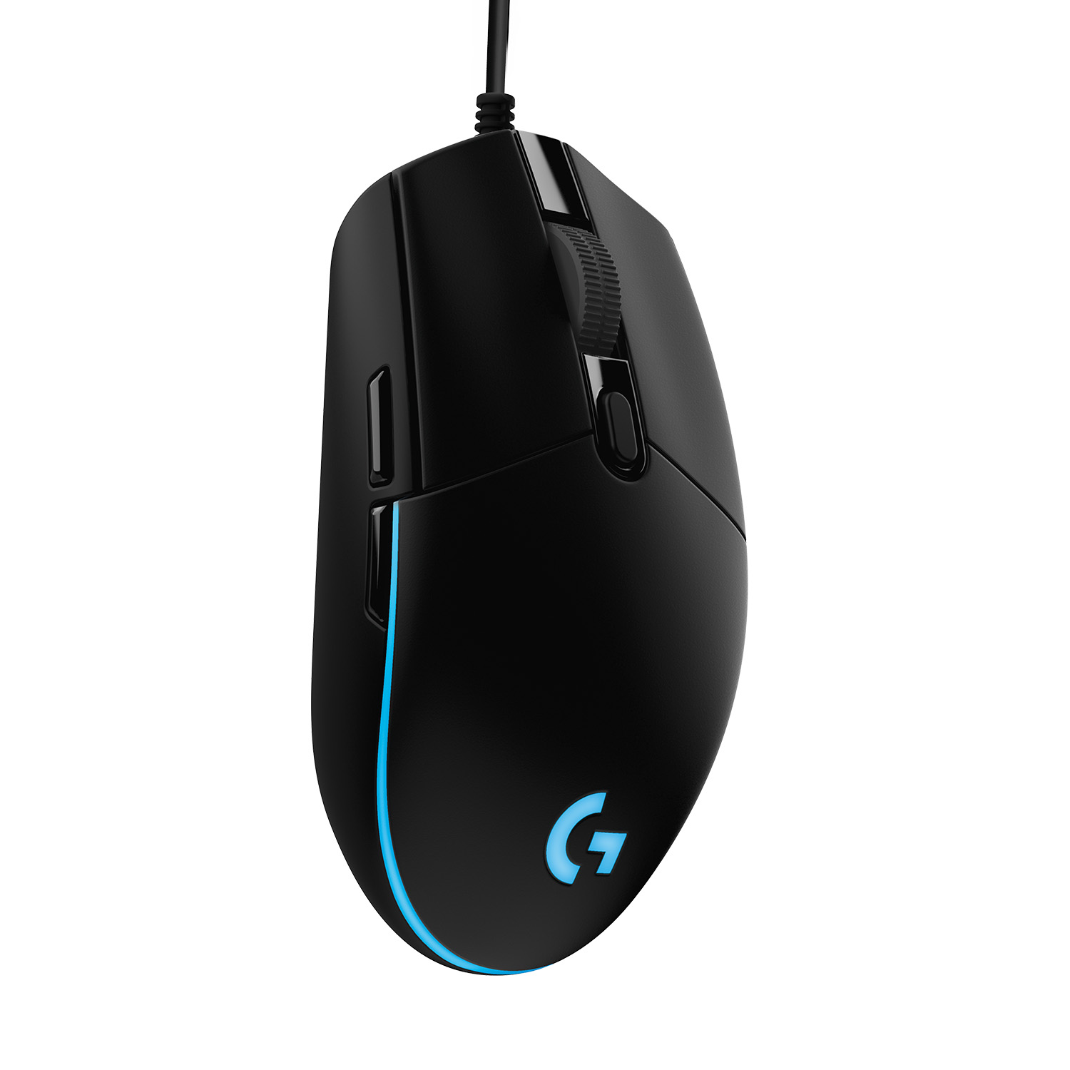 Ratón gaming negro con luz azul y el logo 'G' en la parte inferior.