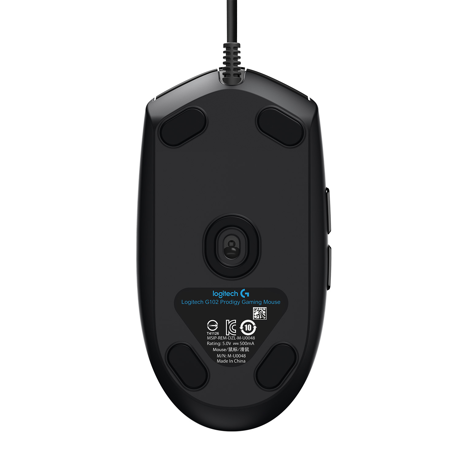 Vista inferior de un ratón gaming negro Logitech G102 Prodigy con almohadillas, cable y logotipo.