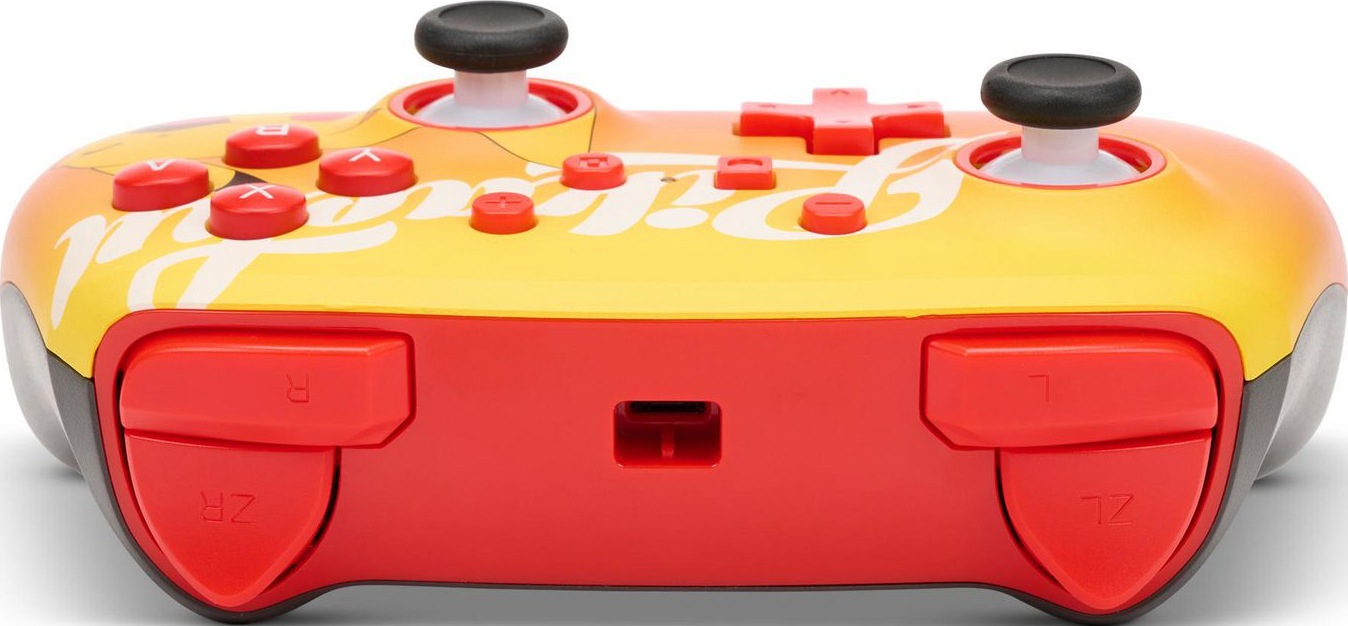 Gelb-roter Nintendo Switch Controller mit Knöpfen. Der Controller wird in der Hand gehalten.