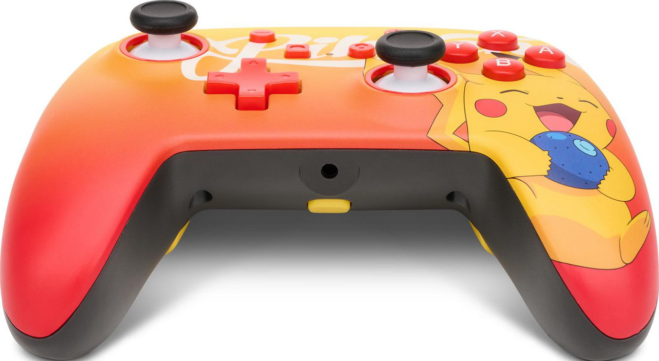 Ein farbenfroher Nintendo Switch Controller mit Pikachu-Design. Knöpfe sind rot, gelb und schwarz.