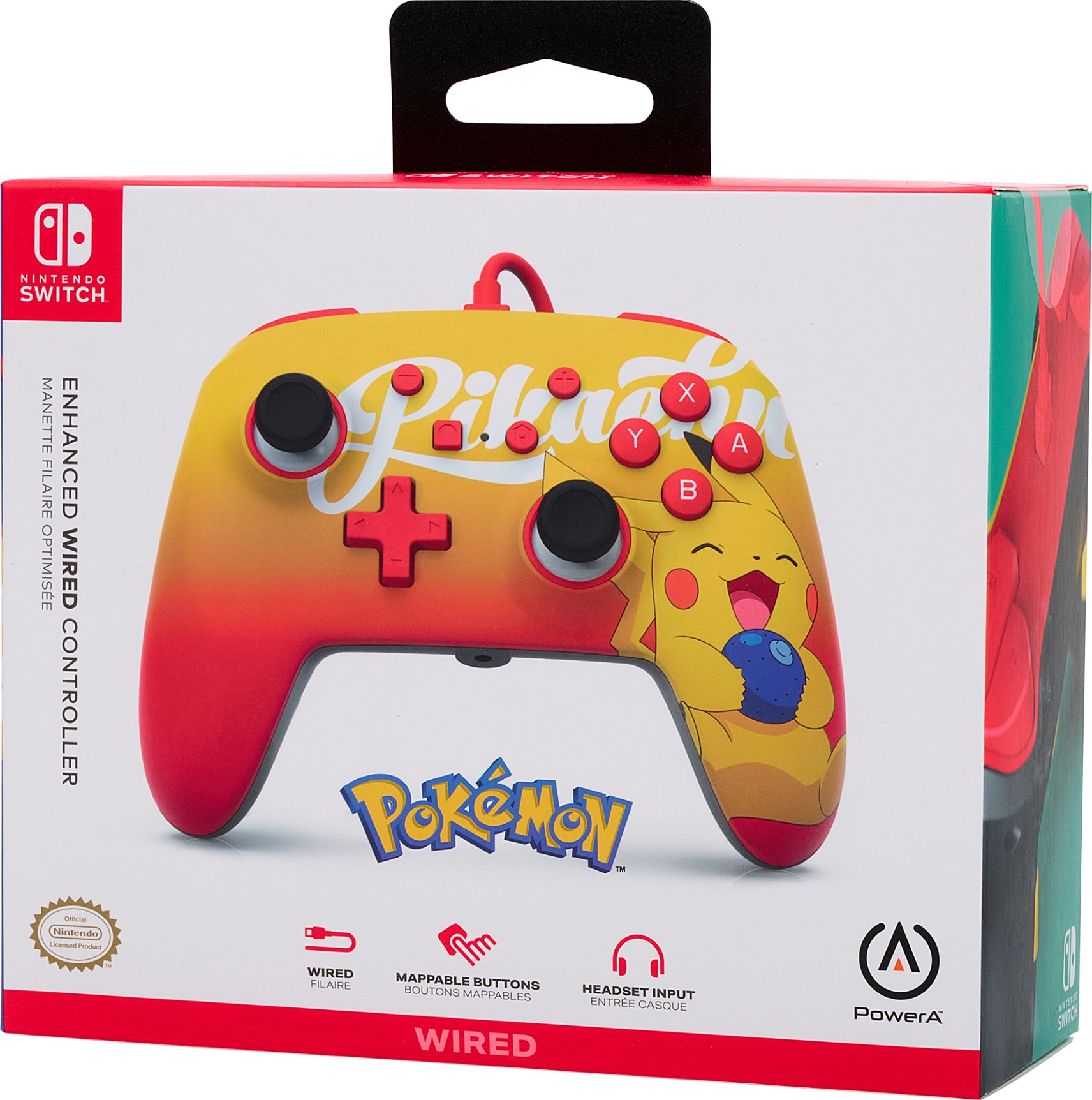 Eine Nintendo Switch Controller-Box. Sie zeigt Pikachu und das Pokemon-Logo. Die Box ist gelb und rot.