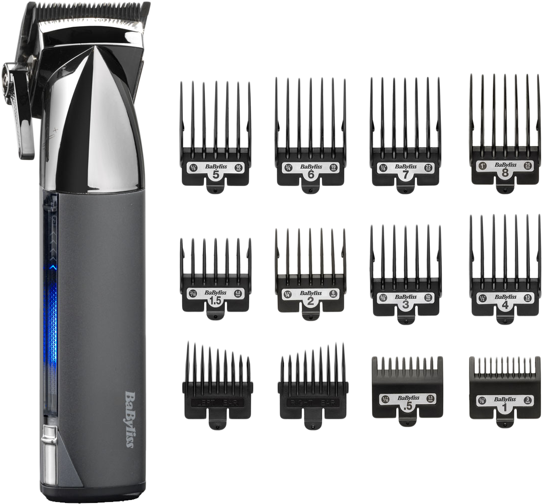 Egy BaByliss hajvágó gép és több különböző méretű fekete vágófej látható fehér háttér előtt.