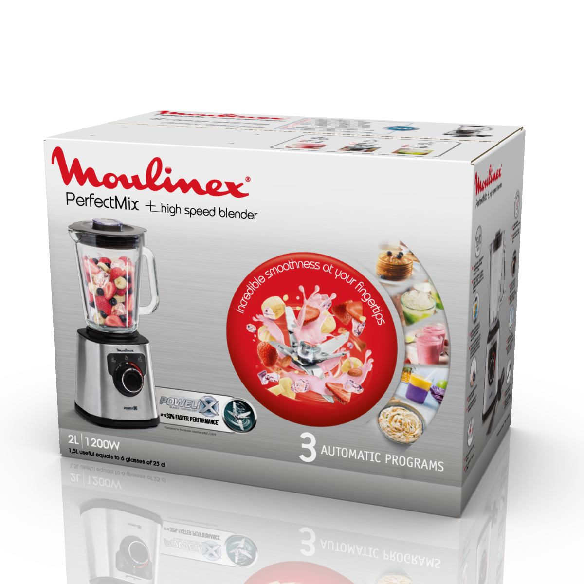 Caja de licuadora de alta velocidad Moulinex PerfectMix con licuadora, frutas y texto.
