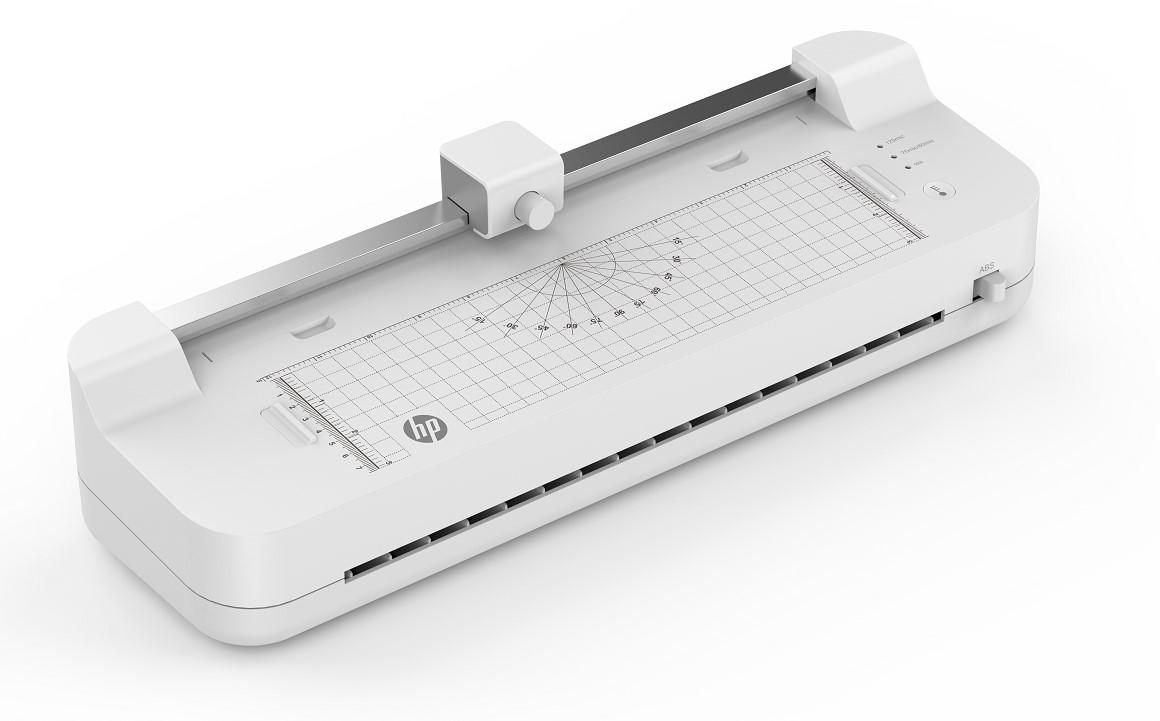 Weiße HP Laminier-Maschine mit Raster, Lineal und Bedienfeld von oben gezeigt.