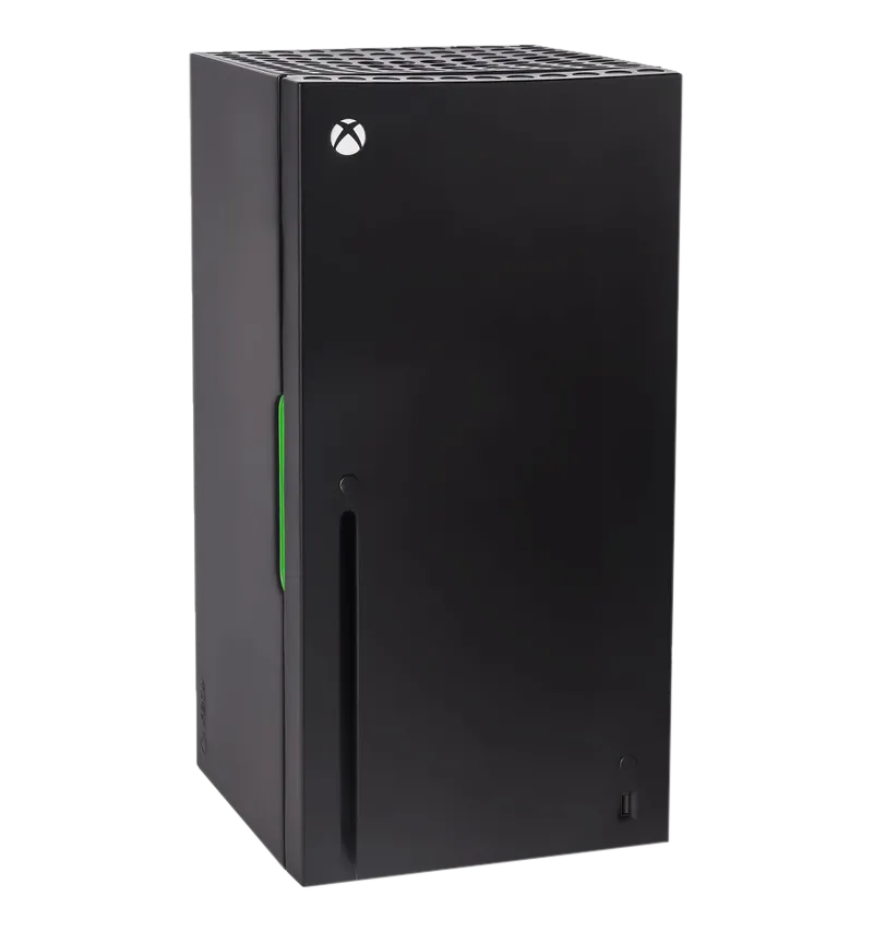 Eine schwarze Xbox Series X Konsole, die aufrecht steht, mit einem grünen Akzent an der Seite.