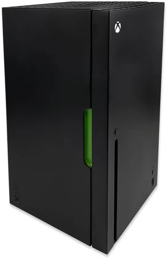 Eine schwarze Xbox Series X-Konsole mit grünem Akzent an der Seite.