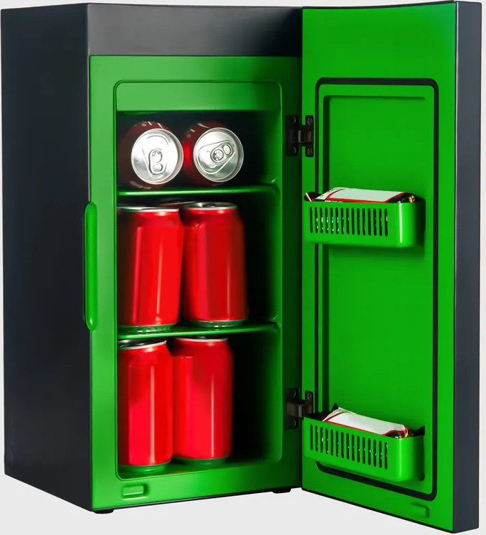 Minikühlschrank mit roten Dosen und grüner Innenausstattung. Tür ist offen.