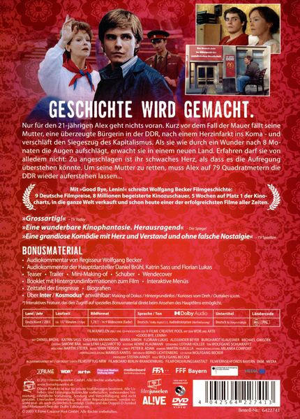 Eine DVD-Hülle mit dem Filmtitel „Good Bye, Lenin!“. Das Cover zeigt Schauspieler und eine Kulisse aus der Sowjetära.