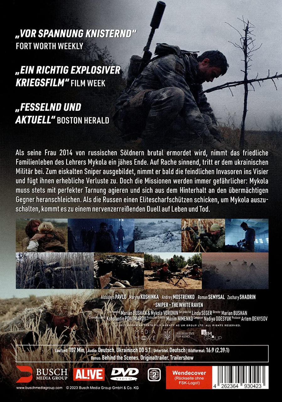 DVD-Cover für den Film „Sniper: The White Raven“. Das Bild zeigt einen Soldaten in einer verschneiten Umgebung.