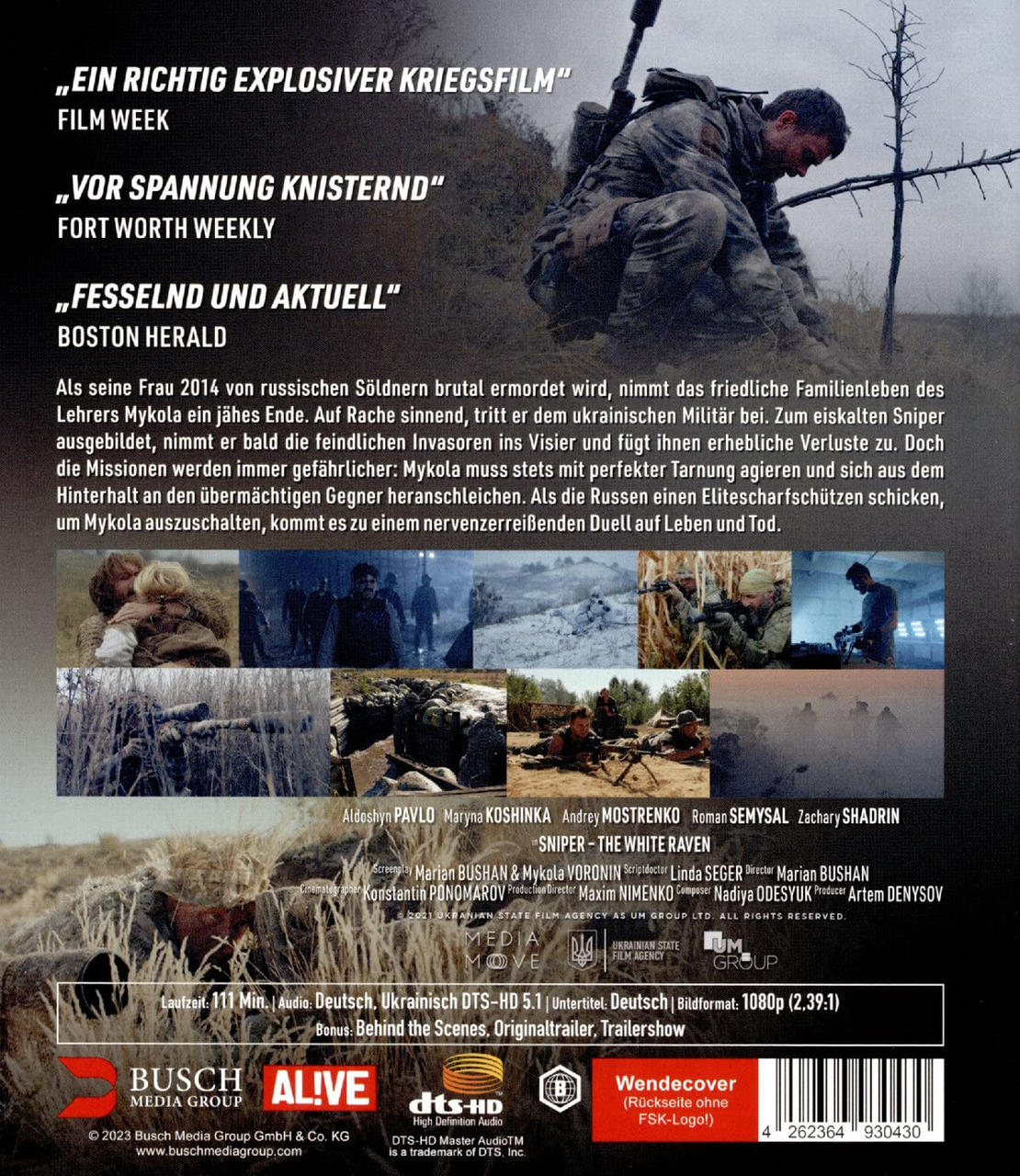 DVD-Cover für einen Kriegsfilm, Soldat in schneebedeckter Umgebung, Text und Credits angezeigt.