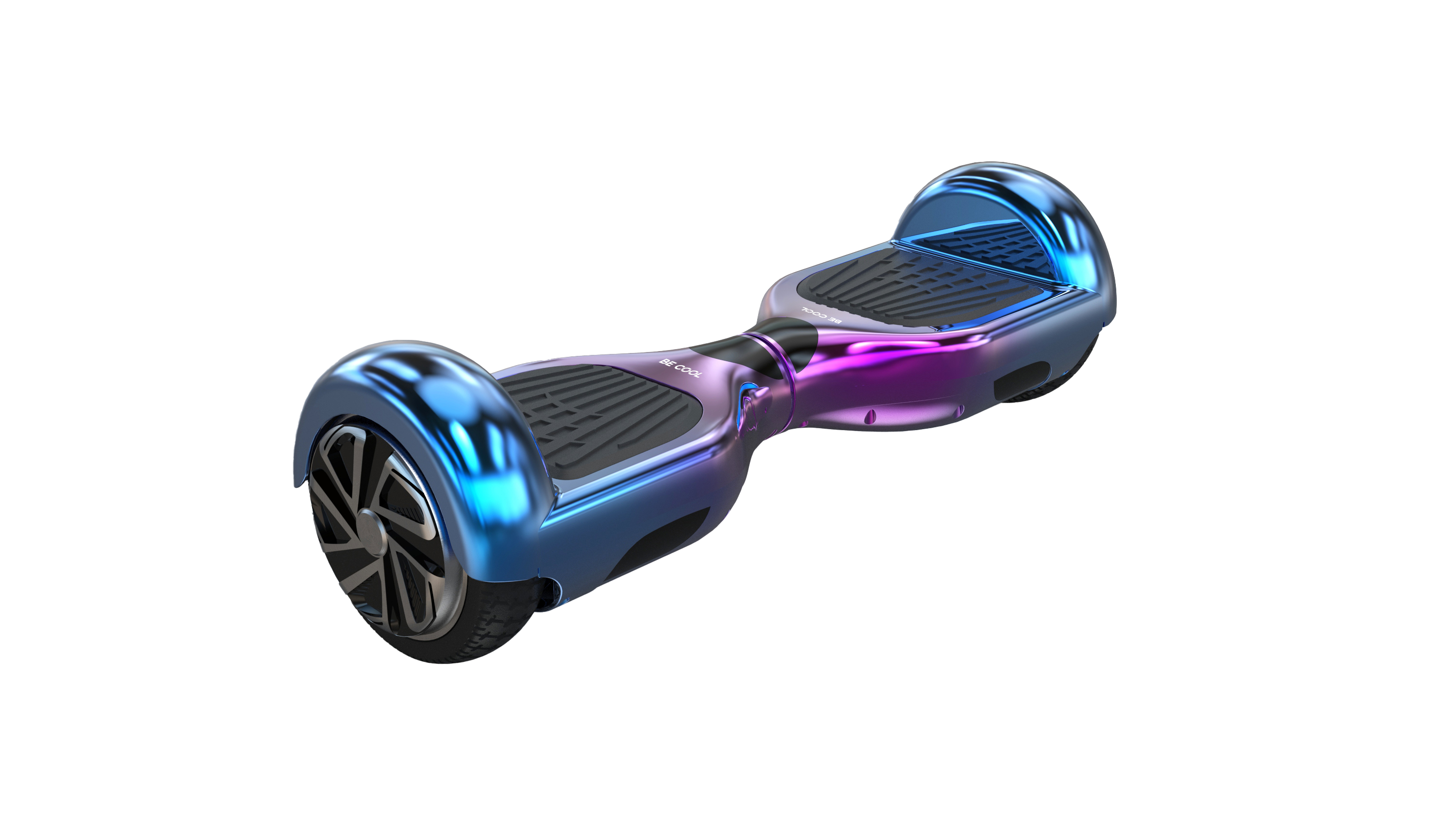Ein blau-lila Hoverboard auf schwarzem Hintergrund.