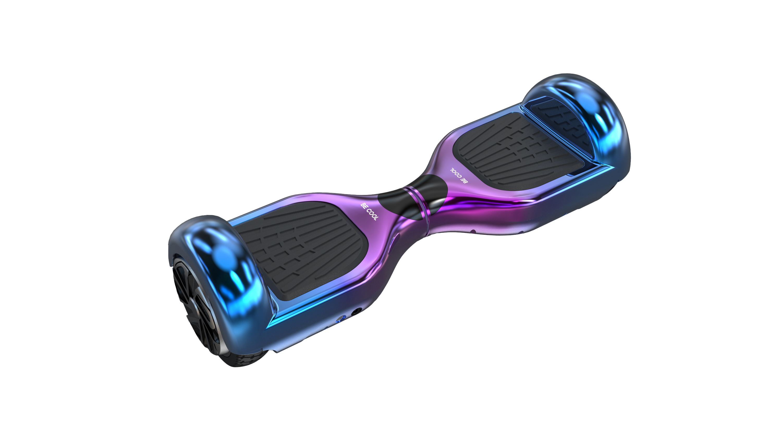 Ein futuristisches, schillerndes Hoverboard auf schwarzem Hintergrund. Es ist lila und blau.