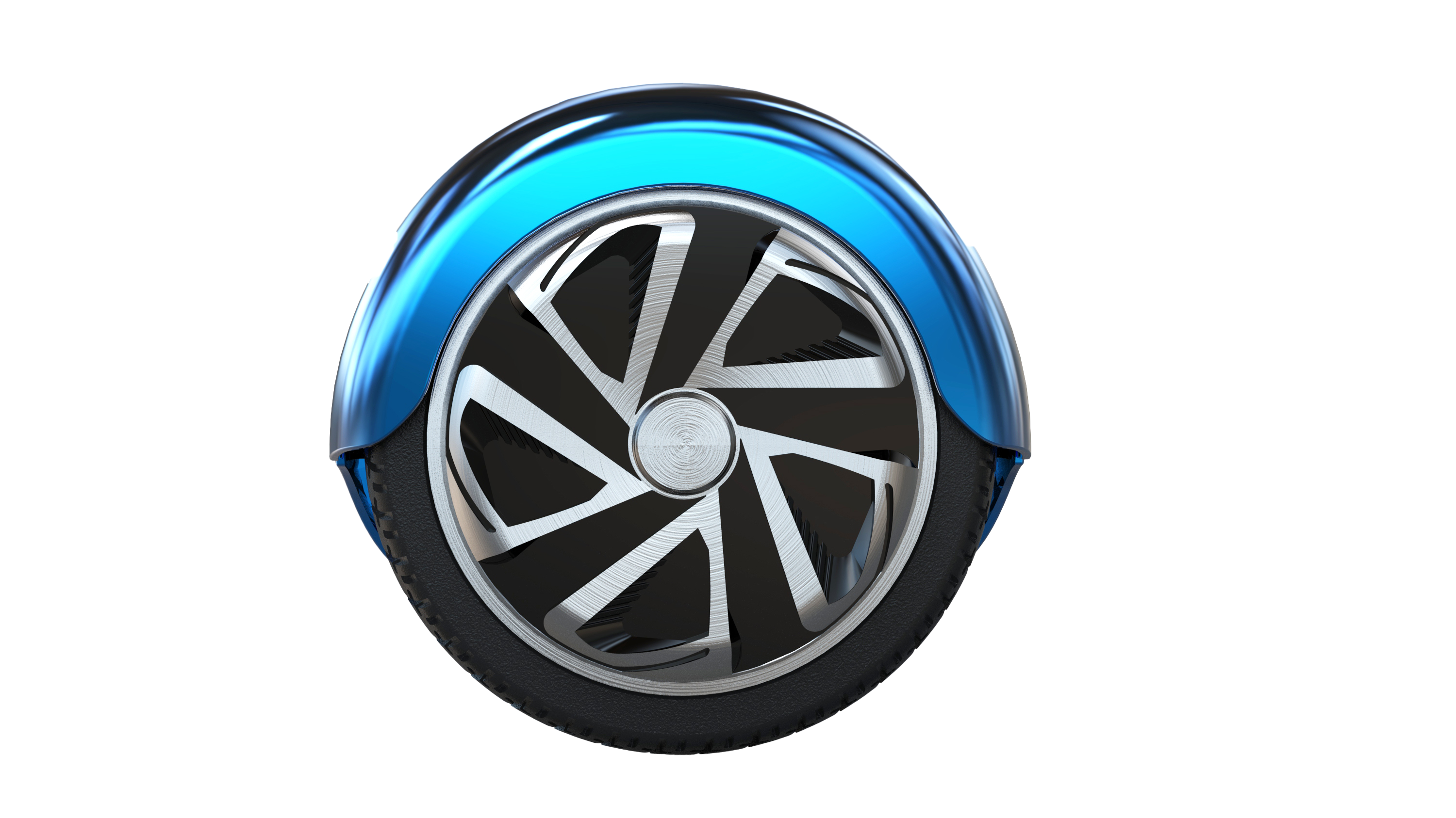 Ein blaues und schwarzes Hoverboard-Rad, schräge Ansicht, isoliert auf schwarzem Hintergrund.