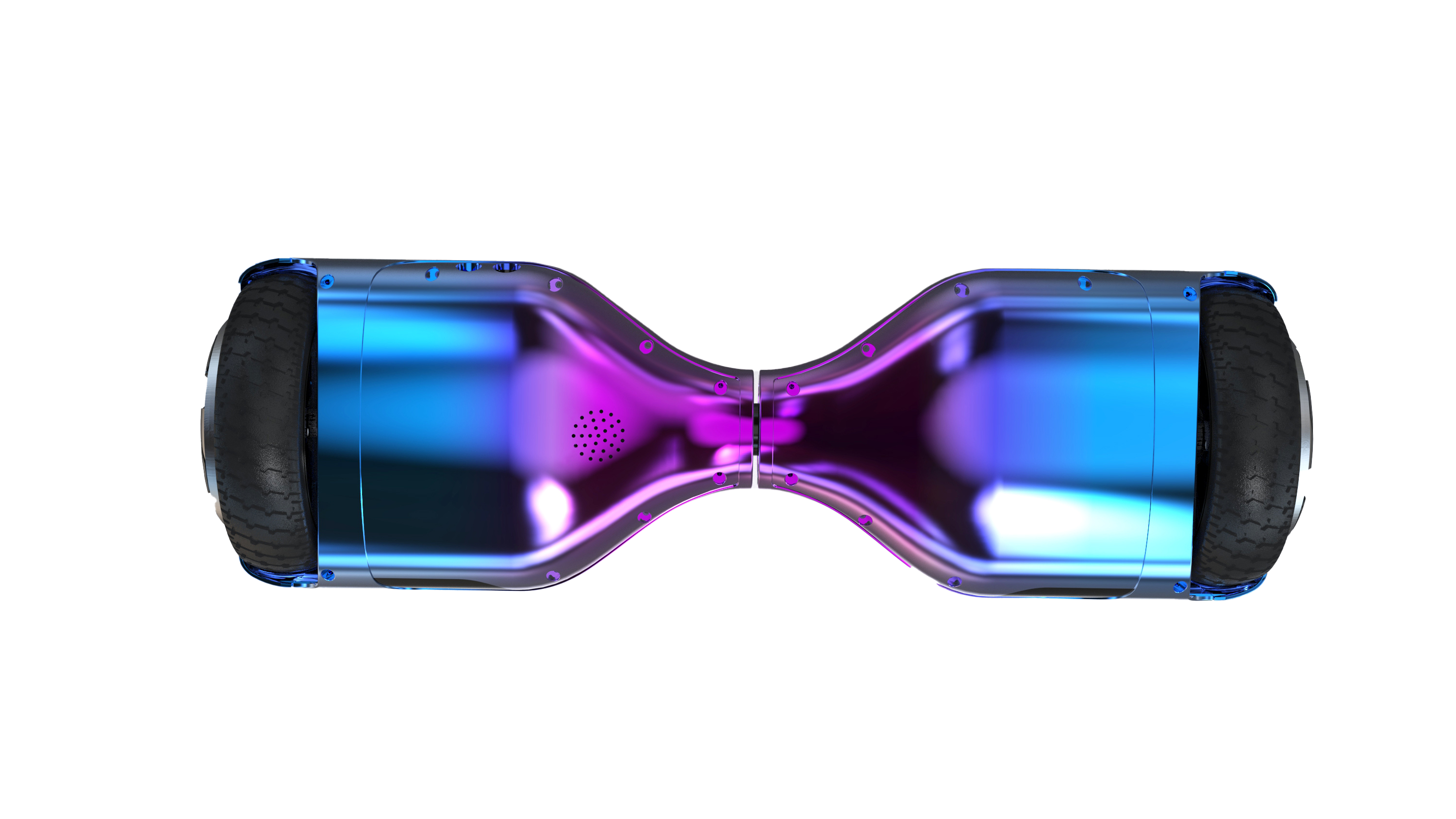 Ein blau-lila Hoverboard auf schwarzem Hintergrund. Die Räder sind schwarz.