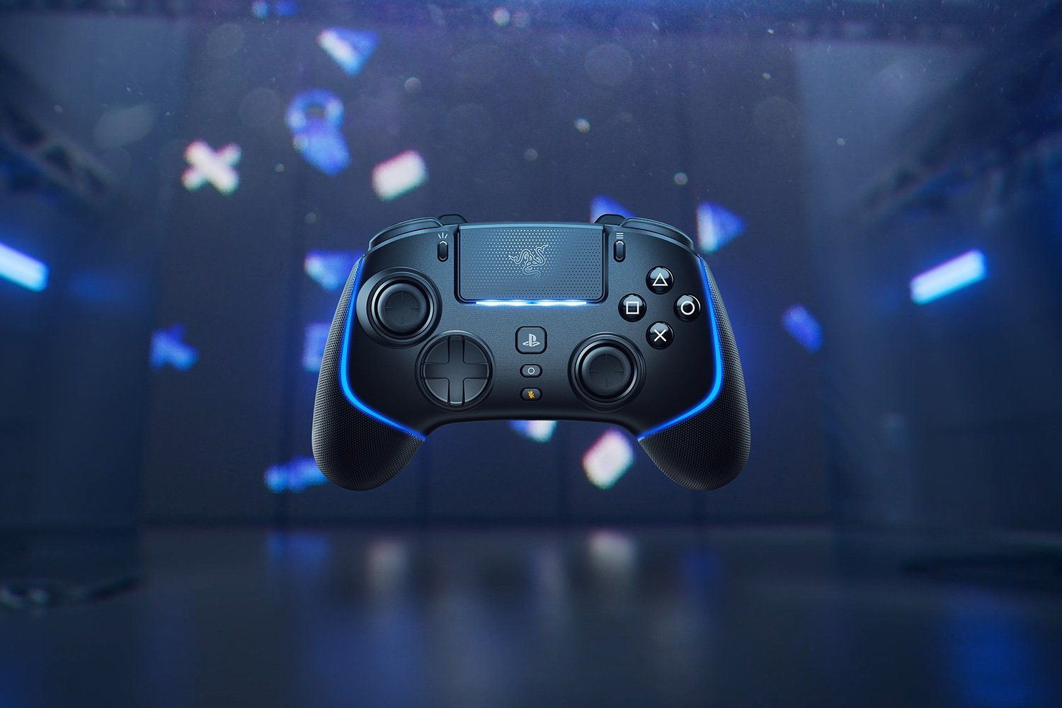Schwarzer Razer-Gaming-Controller. Blaue Lichter betonen Kanten und Tasten.