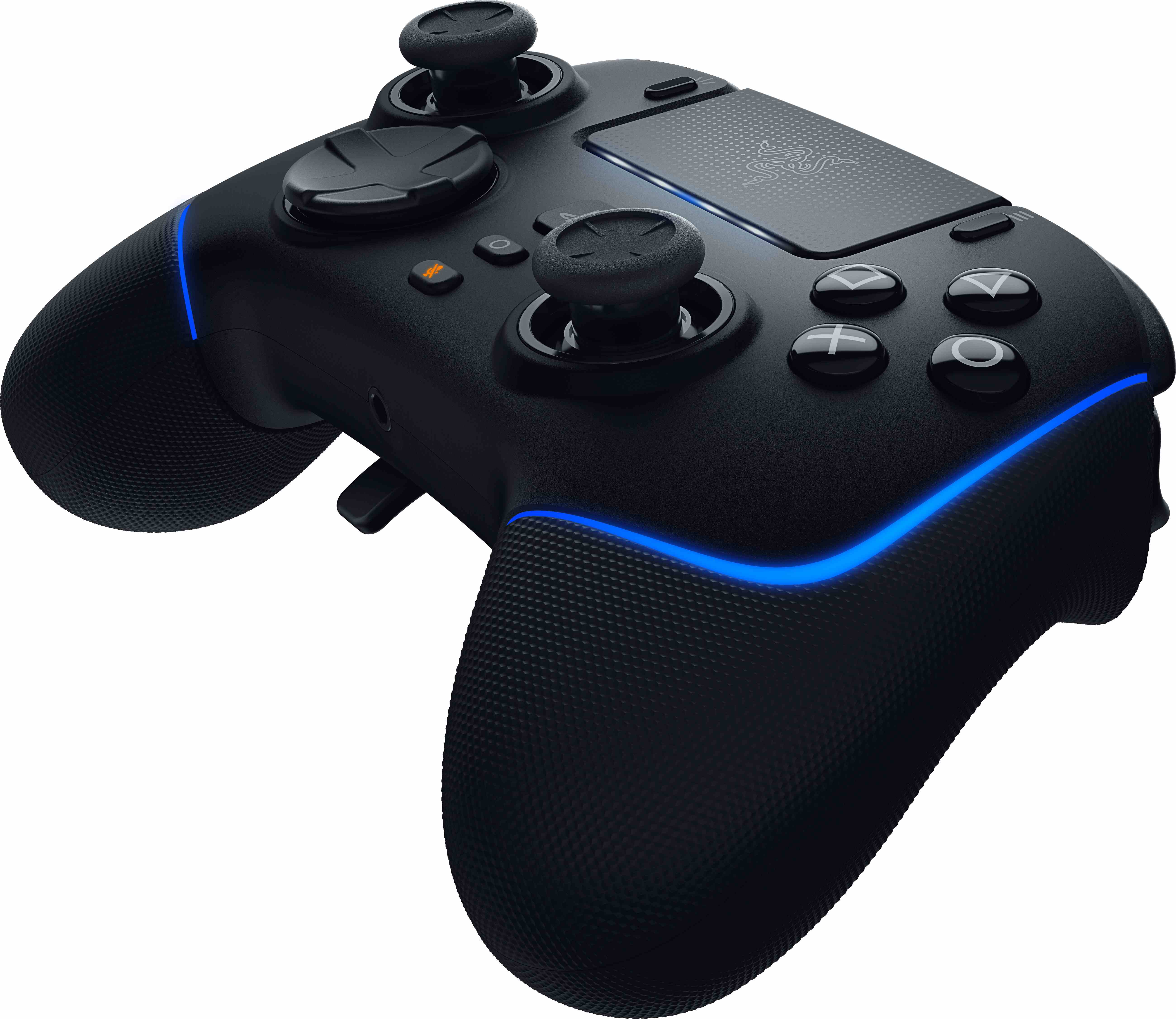 Ein schwarzer Gaming-Controller mit blauen Lichtakzenten, Knöpfen und Joysticks.