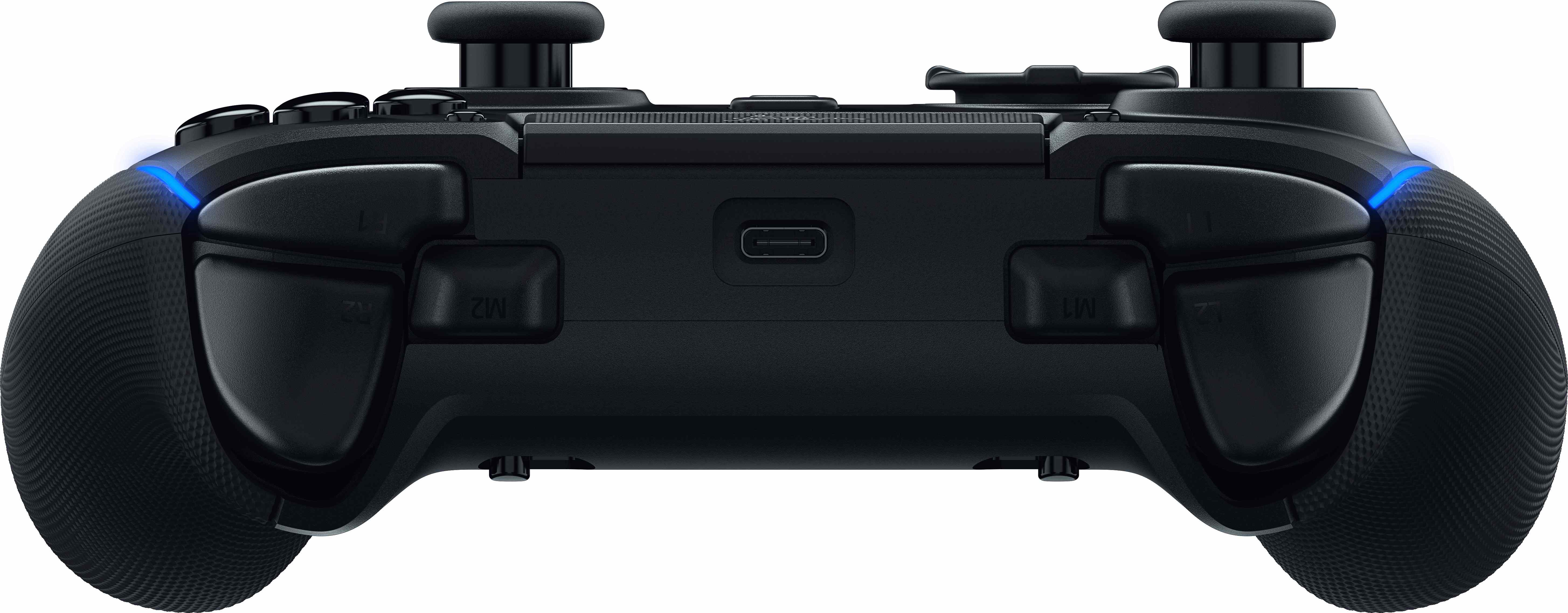 Schwarzes Gamepad mit strukturierten Griffen, Knöpfen und einem USB-Anschluss. Zwei blaue Lichter.