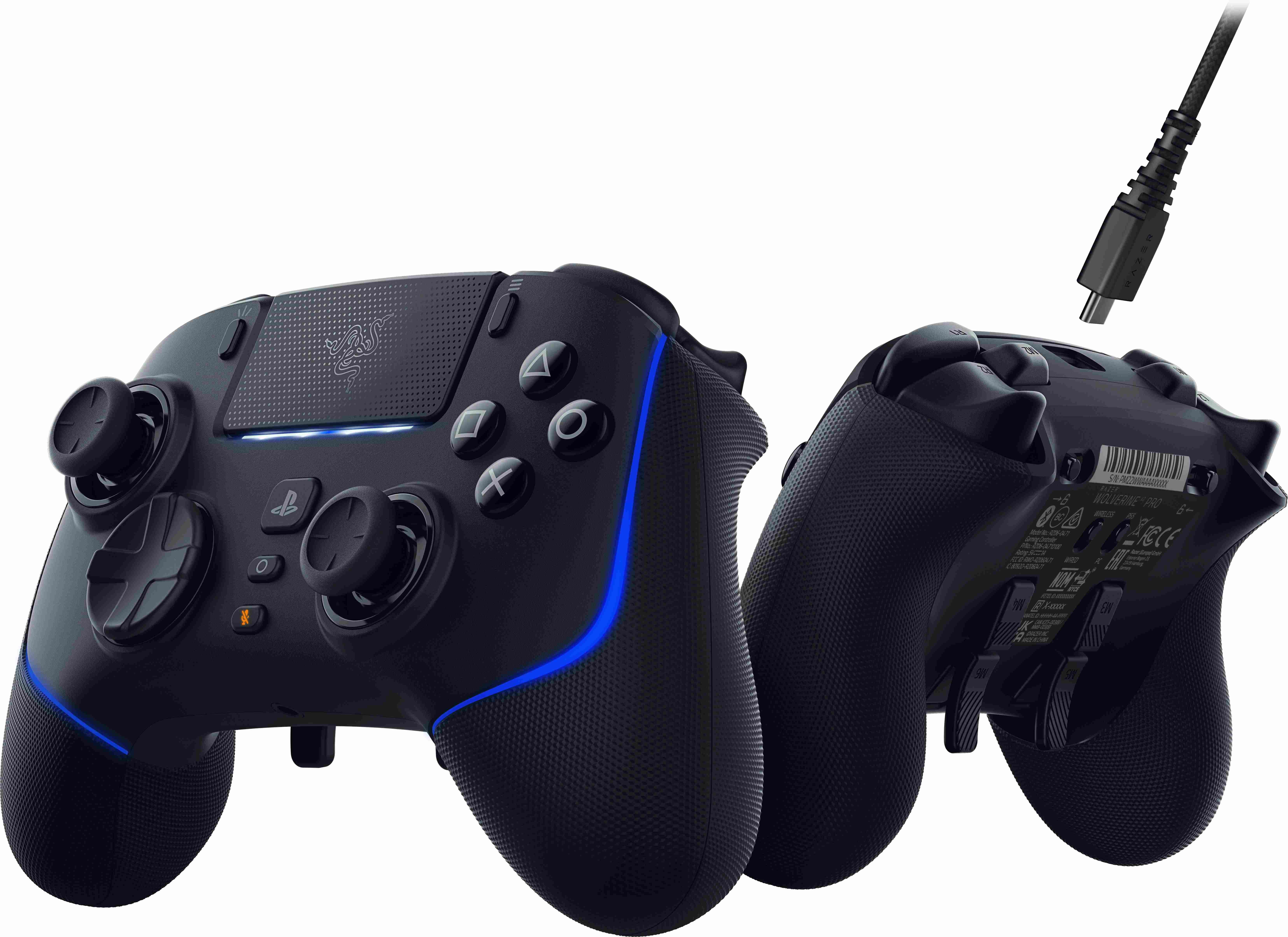 Schwarze Gamecontroller mit blauen Lichtern und Knöpfen. Ein Kabel ist angeschlossen.