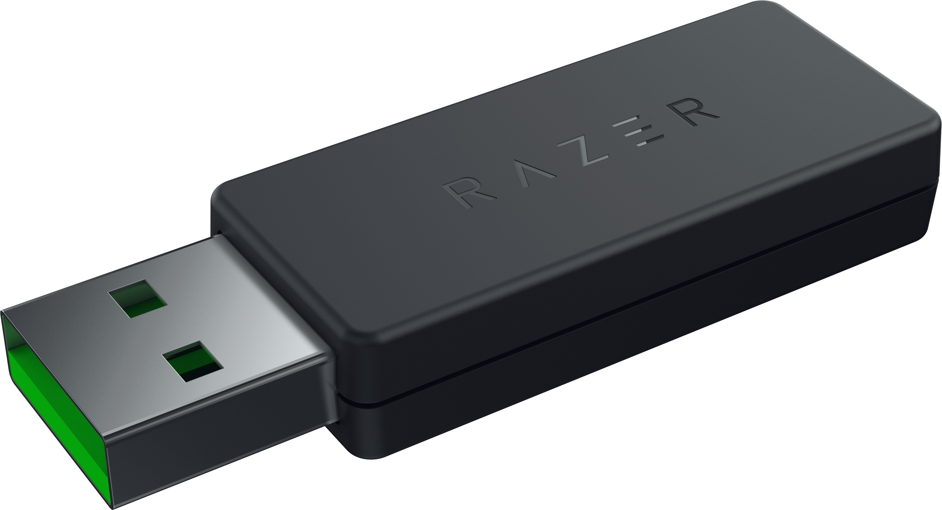 Schwarzer Razer USB-Dongle mit grünem USB-Anschluss.