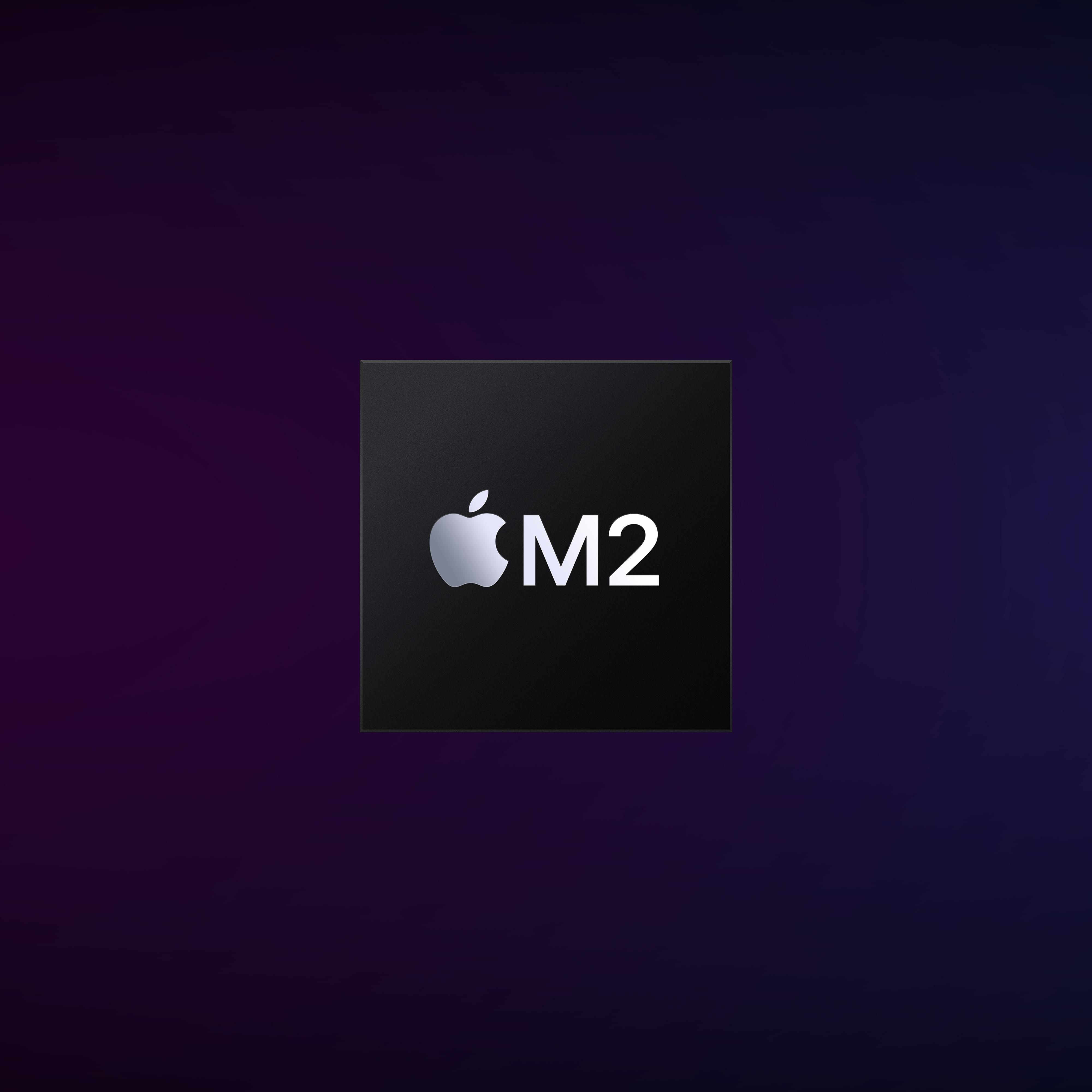 Schwarzes Quadrat mit dem Apple M2-Logo auf einem violetten Farbverlauf-Hintergrund.