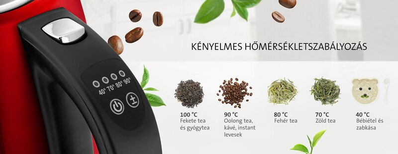Egy piros elektromos vízforraló, hőmérséklet-beállításokkal és tea- és kávéfajták ikonjaival.