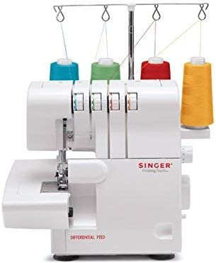 A white Singer serger sewing machine with spools of thread. The machine is on a white surface.
