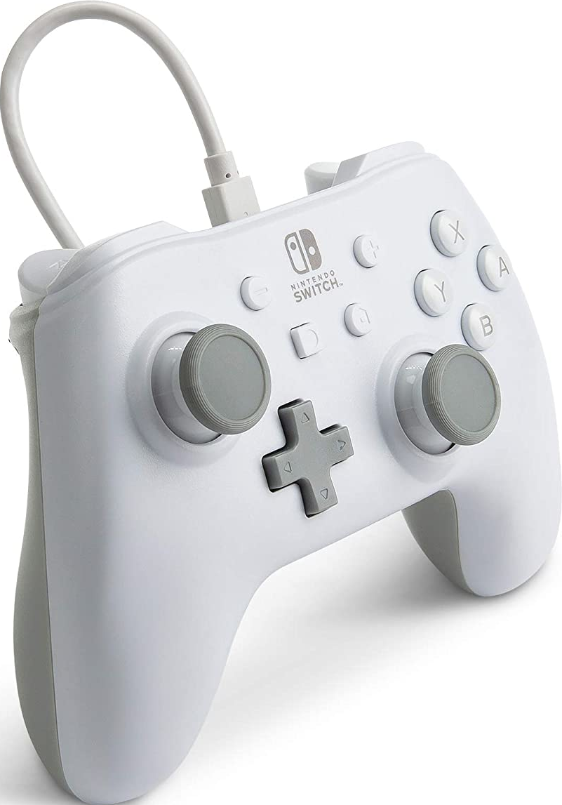 Weißer Nintendo Switch Pro Controller mit grauen Akzenten und angeschlossenem Kabel.