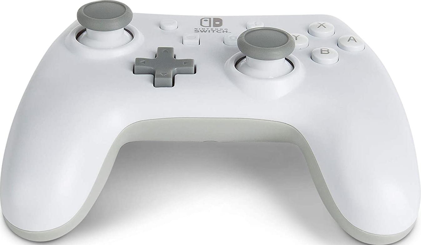 Weißer Nintendo Switch-Controller mit grauen Knöpfen und Joysticks. Draufsicht auf Weiß.
