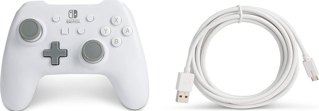 Weißer Nintendo Switch-Controller und ein weißes USB-Kabel.