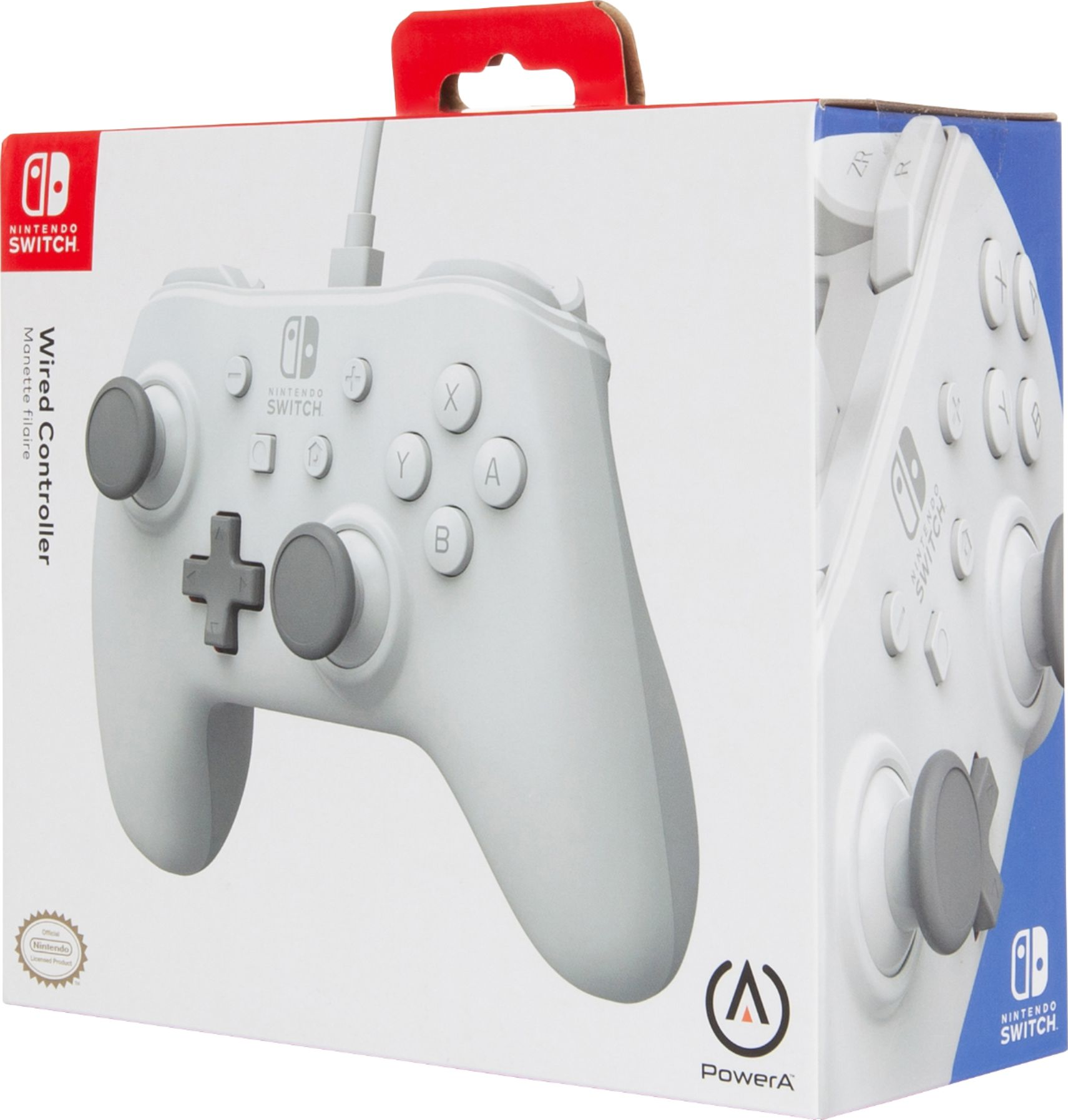 Weißer Nintendo Switch Controller in der Box. Box zeigt Controller und Nintendo Logo.