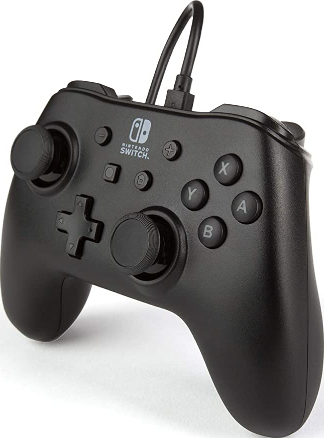 Controller nero Nintendo Switch con cavo e pulsanti.