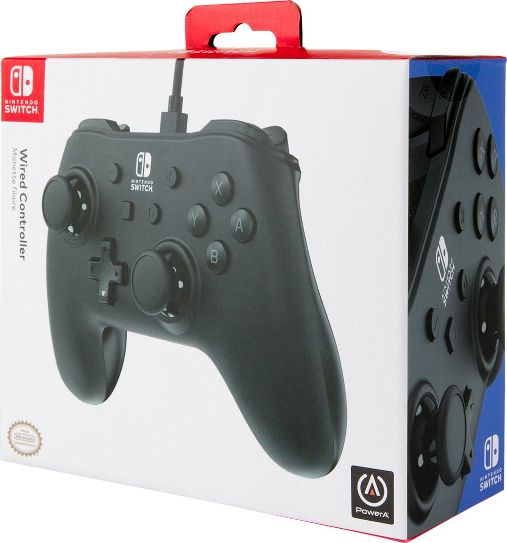 Un controller nero Nintendo Switch sulla sua confezione con il logo PowerA.