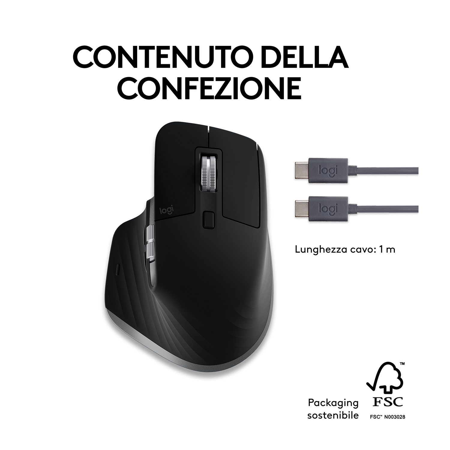 Mouse nero con due cavi USB-C grigi. Testo 'CONTENUTO DELLA CONFEZIONE'.