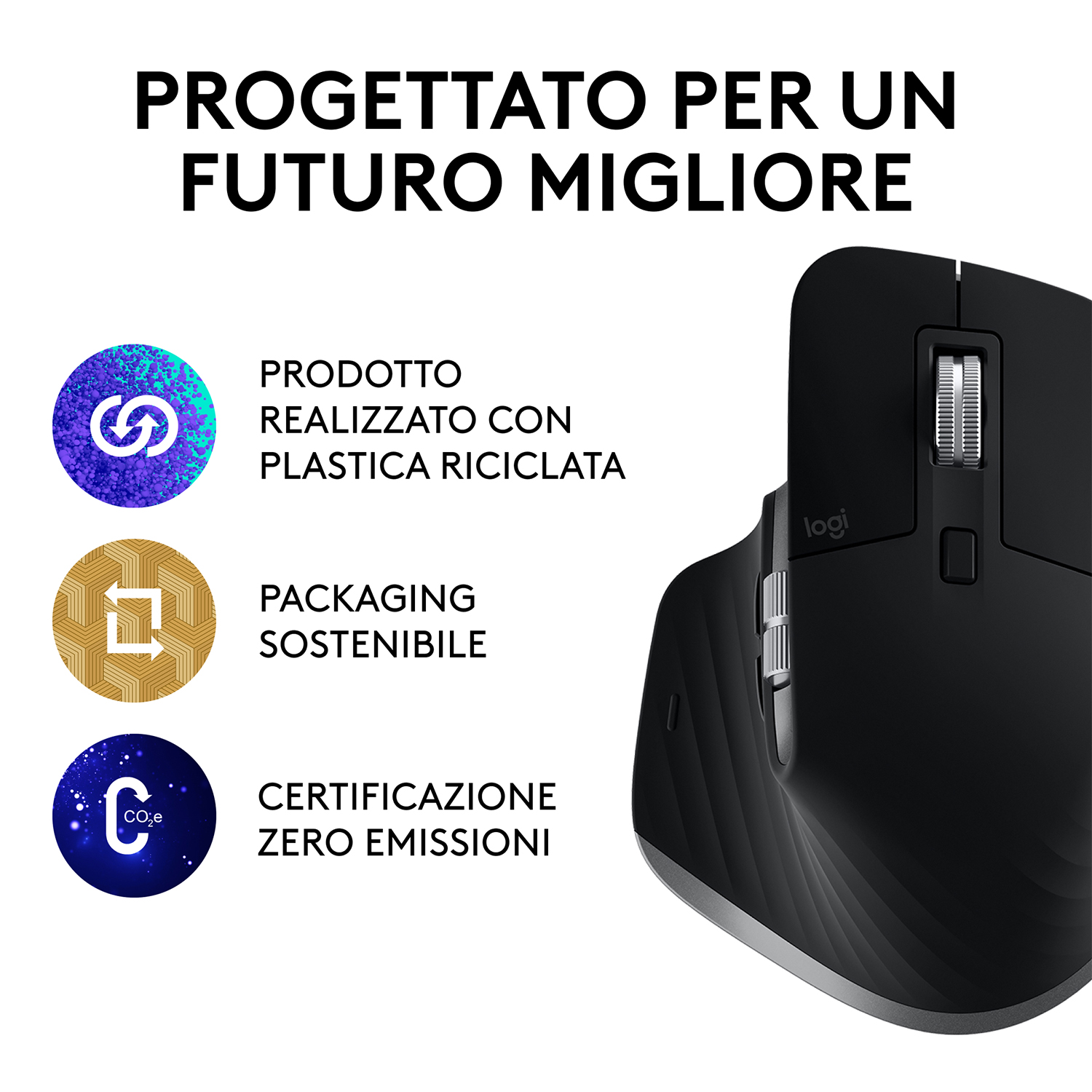 Mouse Logitech nero. Testo: "PROGETTATO PER UN FUTURO MIGLIORE". Logo plastica riciclata.