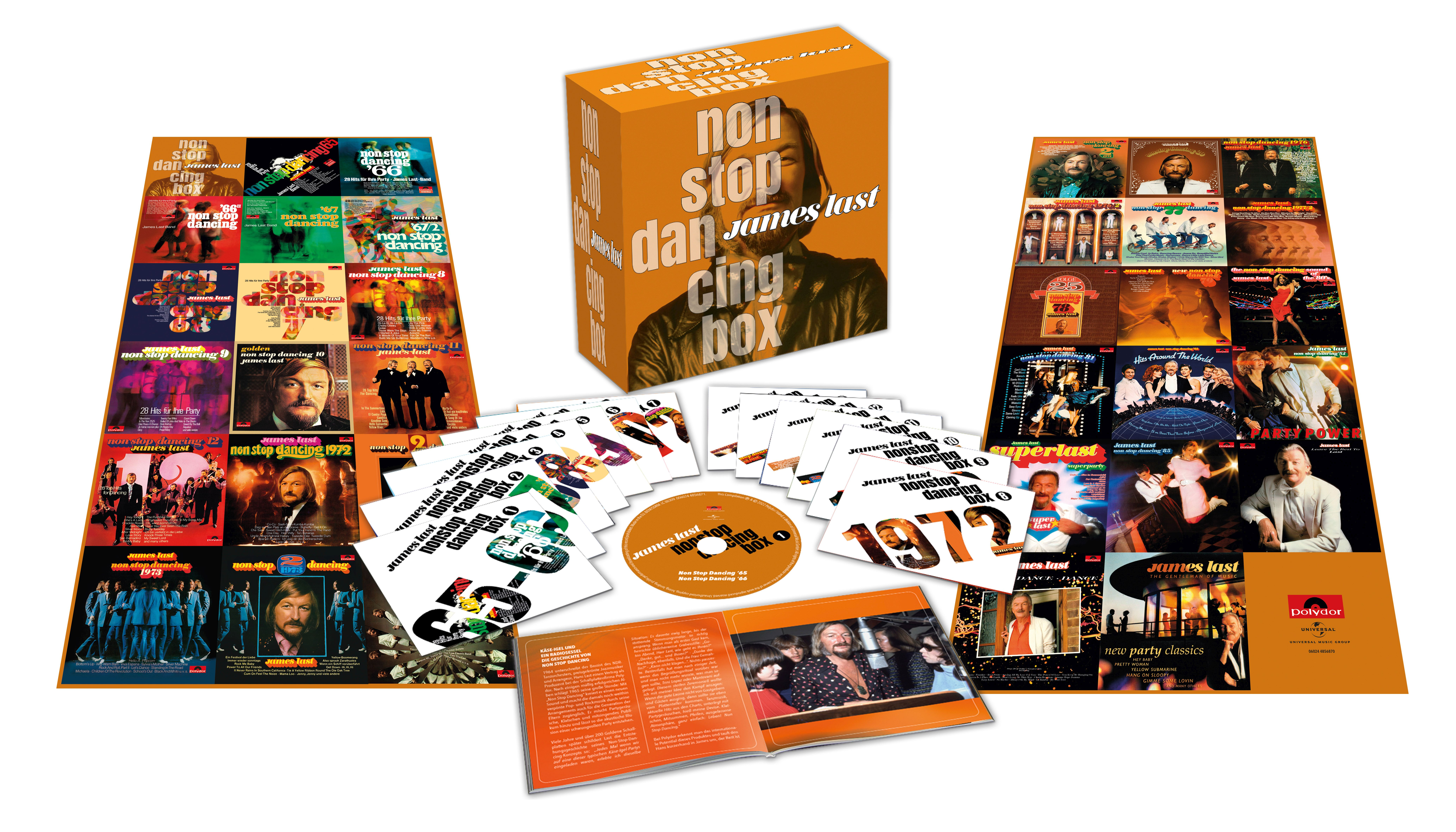 Box-Set mit James Last Schallplatten. Enthält Alben, eine Box und ein Booklet, alles mit hellorangen Akzenten.